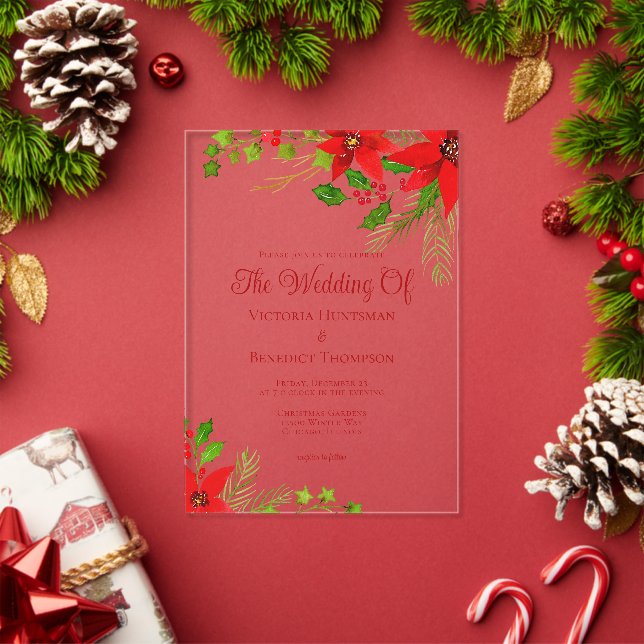 Invitations En Acrylique Bright Red Christmas Poinsettia Floral Mariage (Insitu (vacances))