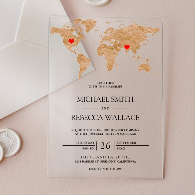 Invitations En Acrylique Bronze Marble World Map Traveling Hearts Wedding (Créateur téléchargé)