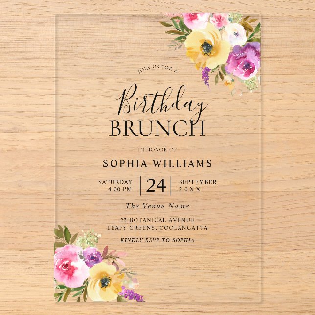 Invitations En Acrylique Brosse Purple Blush Womans Anniversaire Fête Brunc (Recto)