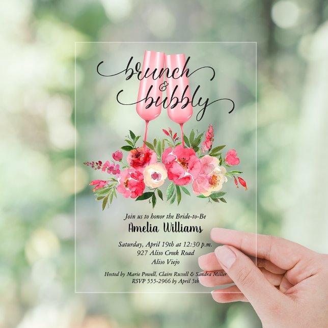 Invitations En Acrylique Brunch et Bubbly Floral pour EVJF (Brunch and Bubby flowers and champagne flutes bridal shower clear or frosted acrylic invitations)