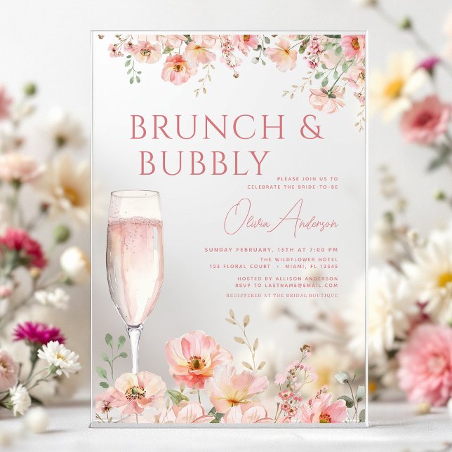 Invitations En Acrylique Brunch floral et Fête des mariées champagne Bubbly (Créateur téléchargé)
