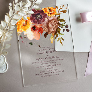 Invitations En Acrylique Budget Automne Rustique Plum Orange Floral Mariage