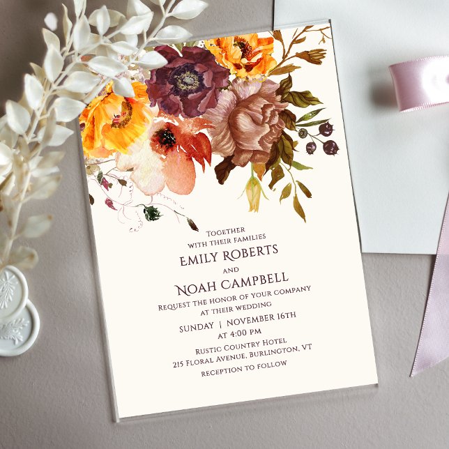 Invitations En Acrylique Budget Automne Rustique Plum Orange Floral Mariage (Créateur téléchargé)