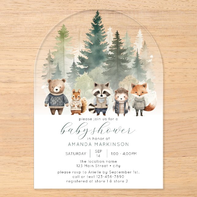 Invitations En Acrylique Budget Baby shower d'aquarelle des bois (Recto)