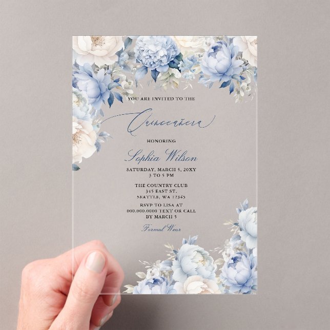 Invitations En Acrylique Budget Moderne Dusty Blue Floral Quinceañera (In situ (ordinateur de poche))