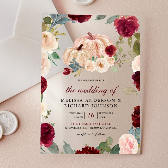 Invitations En Acrylique Burgundy and Peach Floral Pumpkin Wedding (Créateur téléchargé)