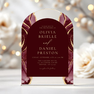 Invitations En Acrylique Burgundy Gold Agate Mariage Élégant Moderne