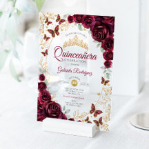 Burgundy Gold Floral Quinceanera