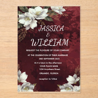 Invitations En Acrylique Burgundy & Magnolia Garden Floral Wedding Invitati