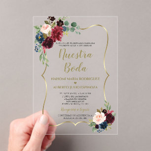 Invitations En Acrylique Burgundy Navy Blue Floral Espagnol Nuestra Boda