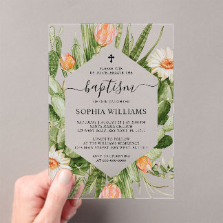 Invitations En Acrylique Cactus Flowers Frame Baptism 