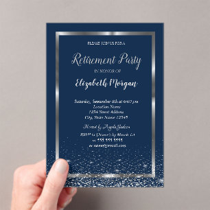 Invitations En Acrylique Cadre argenté élégant Confettis bleus marine Retra