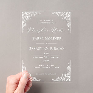 Invitations En Acrylique Cadre blanc orné Nuestra Boda mariage espagnol