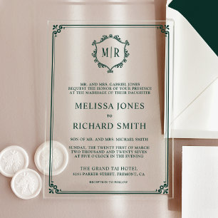 Invitations En Acrylique Cadre de blason de monogramme minimal mariage vert