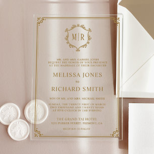 Invitations En Acrylique Cadre de blason de monogramme minimal or mariage