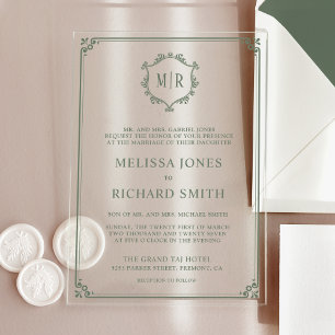 Invitations En Acrylique Cadre de blason de monogramme minimal vert sauge d