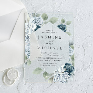 Invitations En Acrylique Cadre de mariage floral bleu poussiéreux élégant