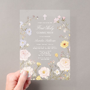 Invitations En Acrylique Cadre floral délicat Première Sainte Communion