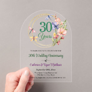 Invitations En Acrylique Cadre floral doré pour les 30 ans de mariage