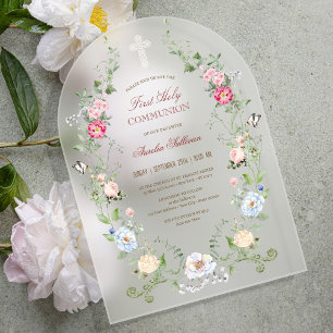 Invitations En Acrylique Cadre floral élégant Première communion
