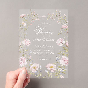 Invitations En Acrylique Cadre Floral Rose Mariage Religieux