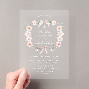 Invitations En Acrylique Cadre floral rose poudré Première communion