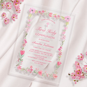 Invitations En Acrylique Cadre floral rose Première Communion Clair