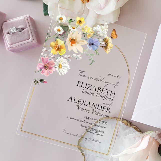 Invitations En Acrylique Cadre or Arch Fleur sauvage coloré | Mariage Boho (Créateur téléchargé)