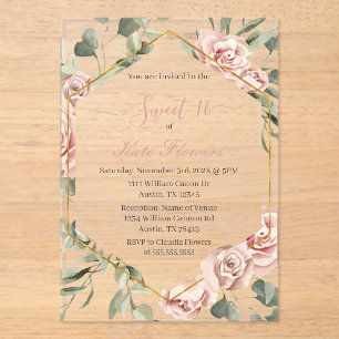 Invitations En Acrylique Cadre or avec rose sucré 16 partie