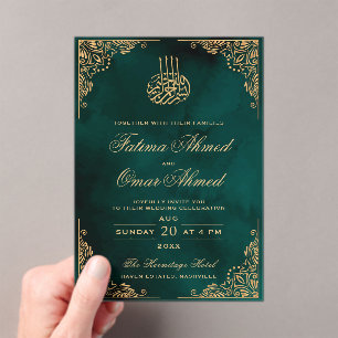 Invitations En Acrylique Cadre Or Ornat Vert islamique musulman Mariage mus