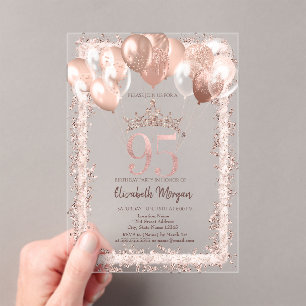 Invitations En Acrylique Cadre Pailleté,Couronne,Ballons 95e Anniversaire