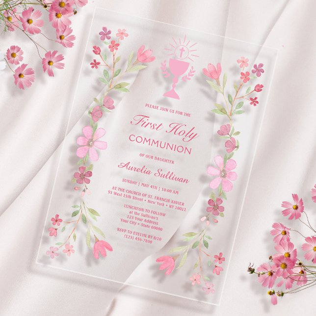 Invitations En Acrylique Cadre rose Floral Première Communion Sainte Claire (Créateur téléchargé)