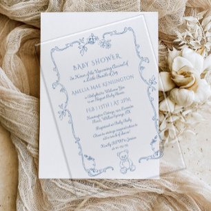 Invitations En Acrylique Cadre toile vintage ours en peluche Baby Shower