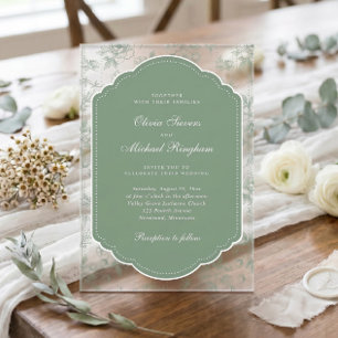 Invitations En Acrylique Cadre Vintage Toile Photo Mariage Vert Sauge