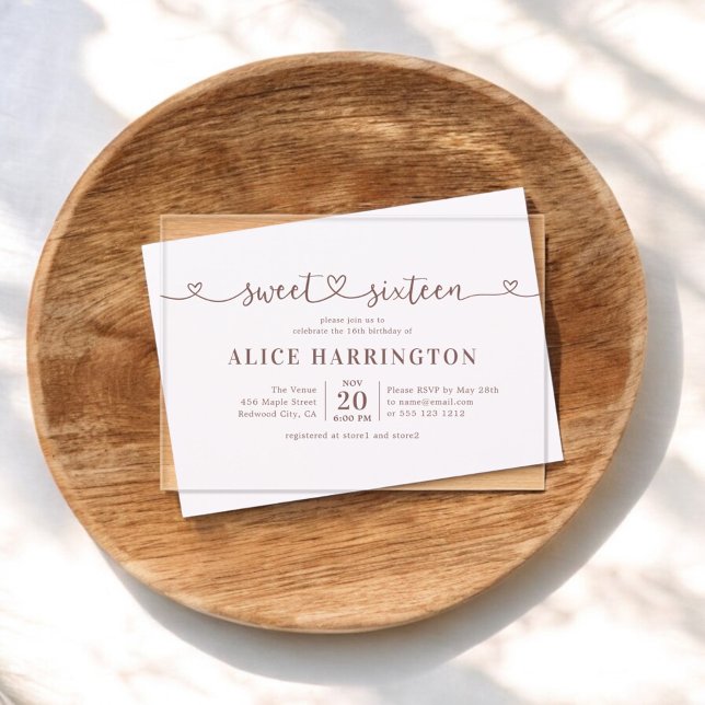 Invitations En Acrylique Calligraphie cardiaque Minimaliste Brown Sweet 16 (Créateur téléchargé)