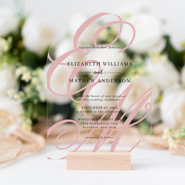 Invitations En Acrylique Calligraphie Dusty Pink Monogram Mariage Arch (Créateur téléchargé)