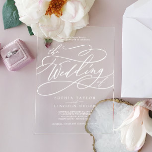 Invitations En Acrylique Calligraphie romantique Blanc Élégant Mariage clas