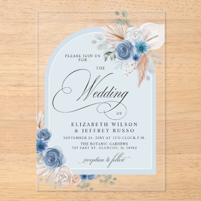 Invitations En Acrylique Calligraphie rustique Boho Dusty Blue Pampas Maria (Recto)