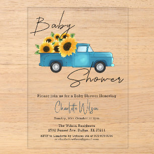 Invitations En Acrylique Camion Watercolor avec Baby shower Sunflower