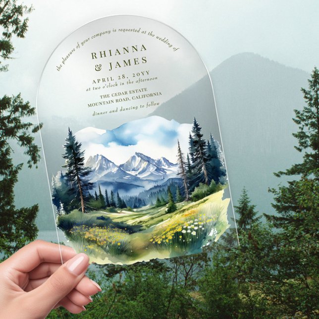 Invitations En Acrylique Campagne Forêt Glade Mariage Paysage de montagne (Arched acrylic wedding invitation from the Country Lake wedding collection by Darling & May)