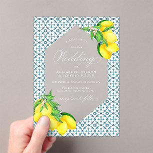 Invitations En Acrylique Carreaux bleu sicilien Mariage citron bois d'été