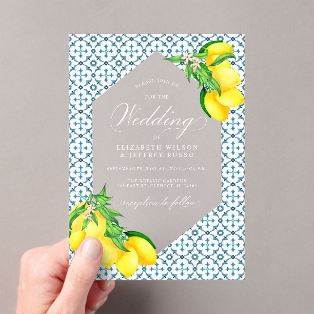 Invitations En Acrylique Carreaux bleu sicilien Mariage citron bois d'été (In situ (ordinateur de poche))