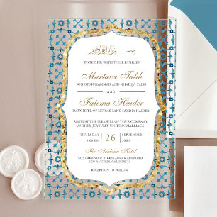 Invitations En Acrylique Carreaux Islamiques Marocains Bleus et Dorés pour