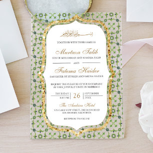 Invitations En Acrylique Carreaux Islamiques Marocains Verts et Dorés pour