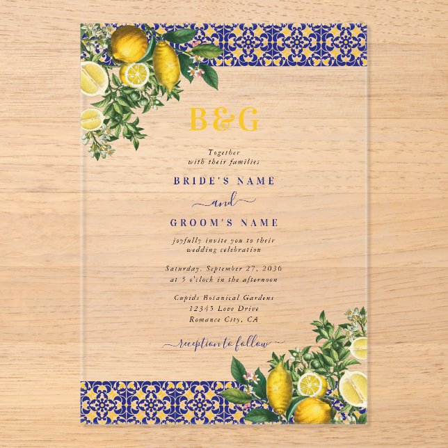 Invitations En Acrylique Carrelage bleu blanc jaune méditerranéen Mariage c (Recto)