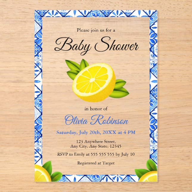 Invitations En Acrylique Carrelage bleu italien Positano Baby shower citron (Recto)