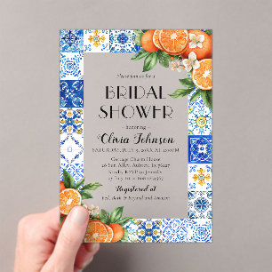 Invitations En Acrylique Carrelage Bleu Moderne Oranges Fête de Mariage Ita