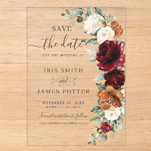 Invitations En Acrylique Carte de mariage à conserver Burgundy Brûlé Orange
