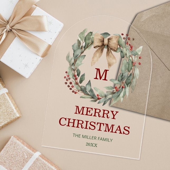 Invitations En Acrylique Carte de Noël Joyeuse de couronne d'aquarelle Mono (Acrylic Watercolor Eucalyptus Wreath Christmas Card)