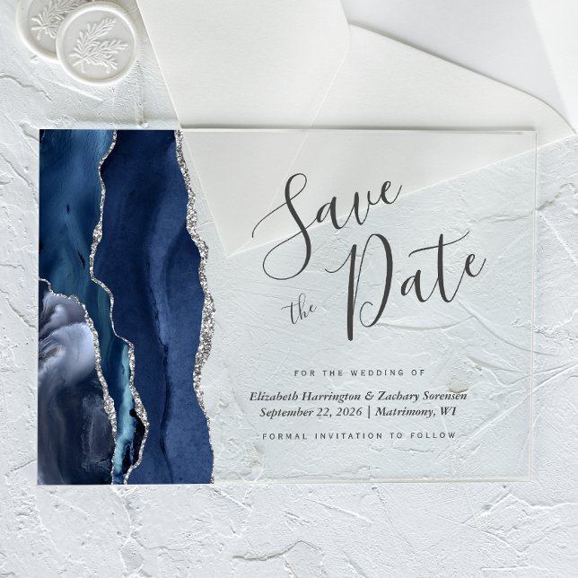 Invitations En Acrylique Carte de rappel moderne bleu marine et argent (Créateur téléchargé)